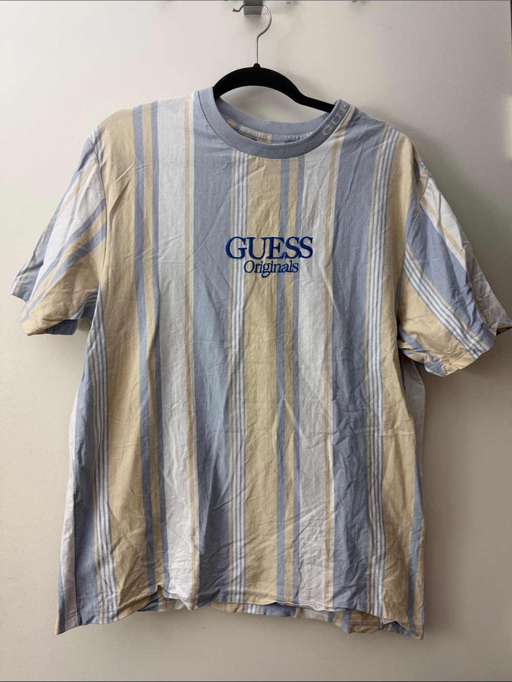 Guess Originals Vertical Stripe Crewneck Tee - Light Blue & Cream